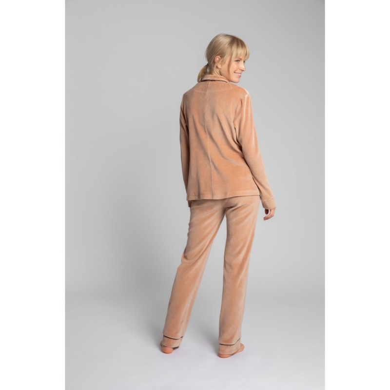 LA007 Velour Pajama Shirt with Collar - Beige