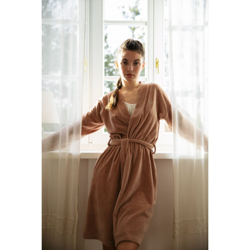 LA009 Velour bathrobe with belt - beige