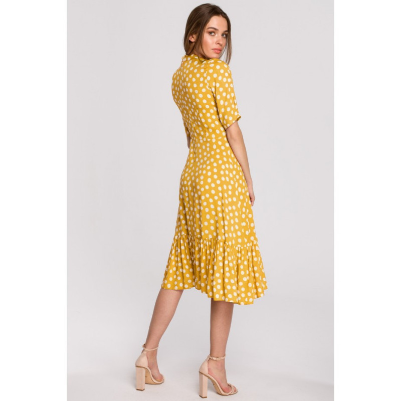 S263 Dress with stand-up collar and ruffle at the bottom - yellow