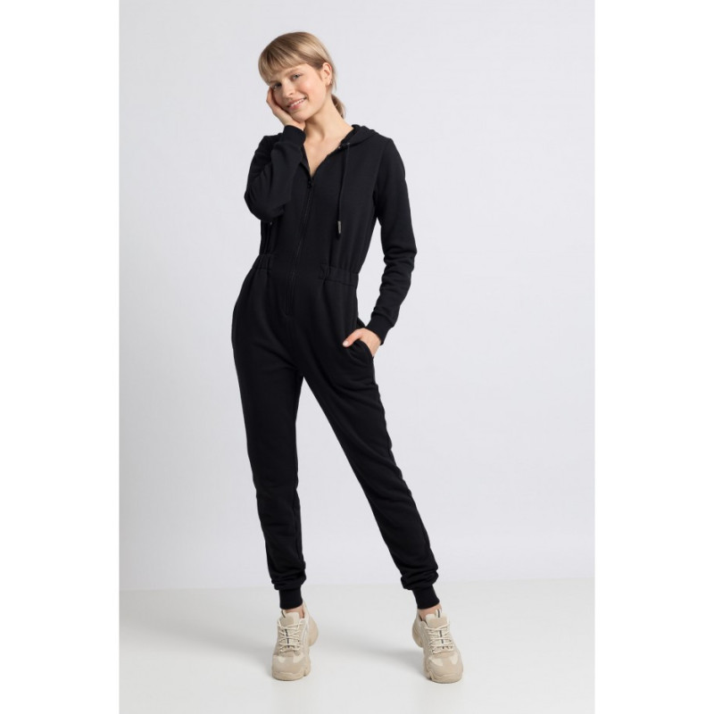 LA059 Jumpsuit with hood and zipper - black