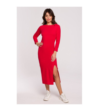 B219 Straight midi dress with leg slit - red