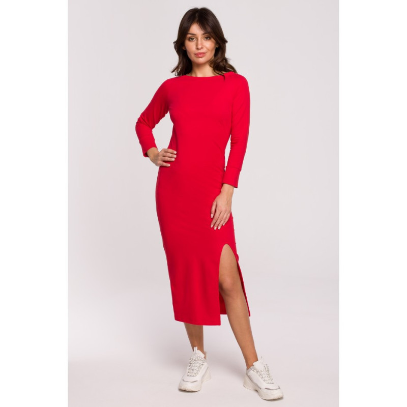 B219 Straight midi dress with leg slit - red