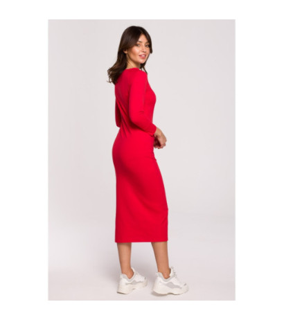 B219 Straight midi dress with leg slit - red