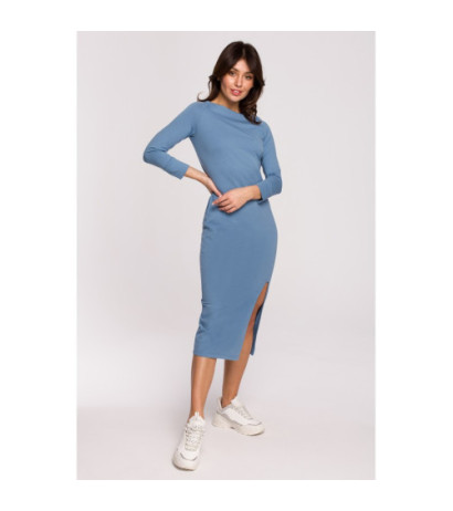 B219 Straight midi dress with leg slit - blue