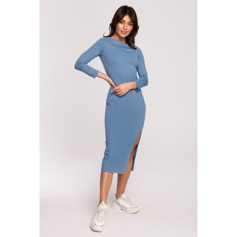 B219 Straight midi dress with leg slit - blue