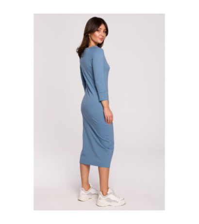 B219 Straight midi dress with leg slit - blue