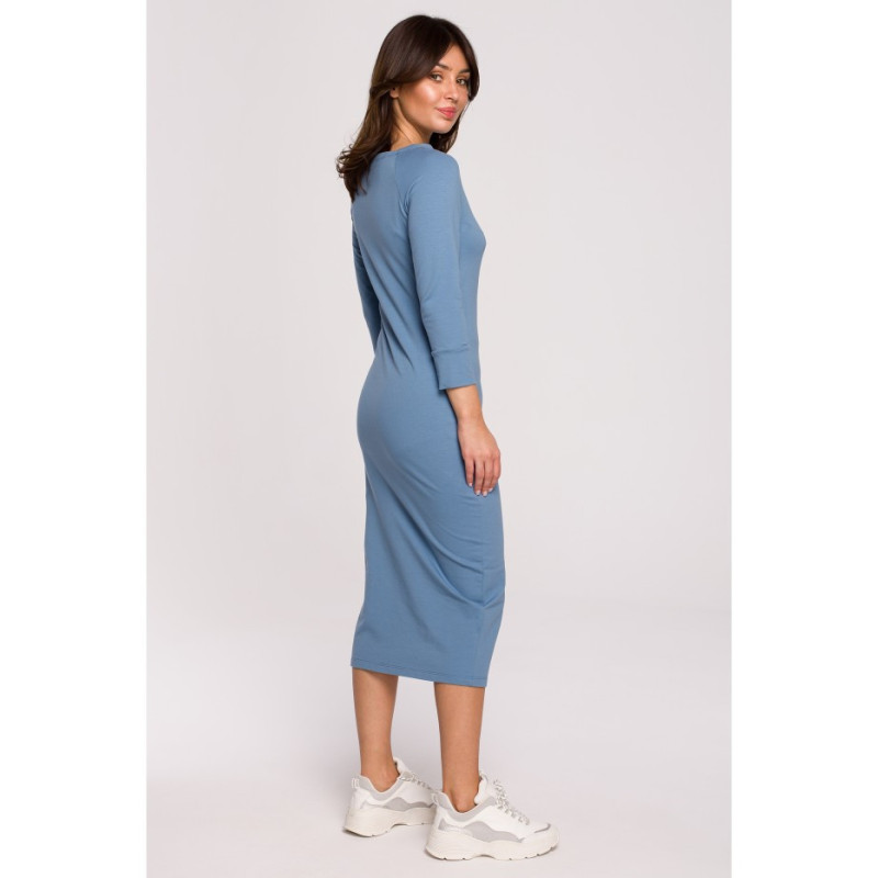 B219 Straight midi dress with leg slit - blue