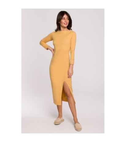 B219 Straight midi dress with leg slit - honey-colored