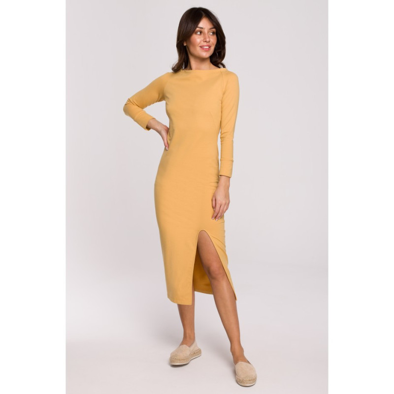 B219 Straight midi dress with leg slit - honey-colored