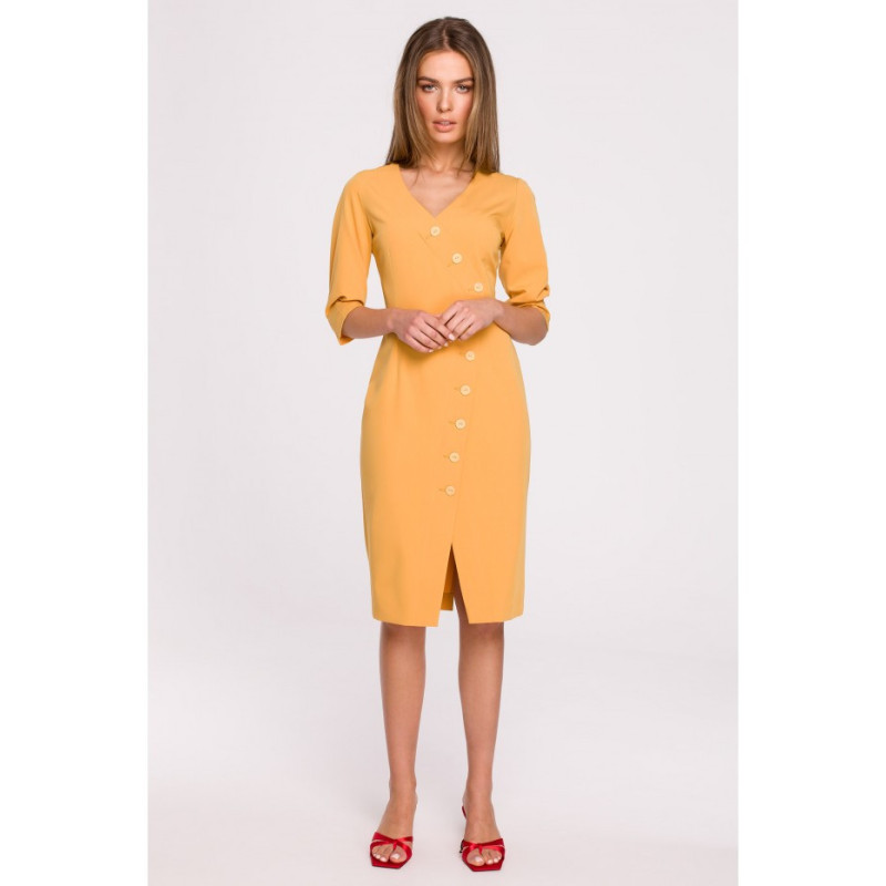 S295 Dress with asymmetrical front and buttons - yellow