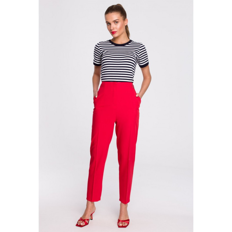 S296 High-waisted pants with buckles - red