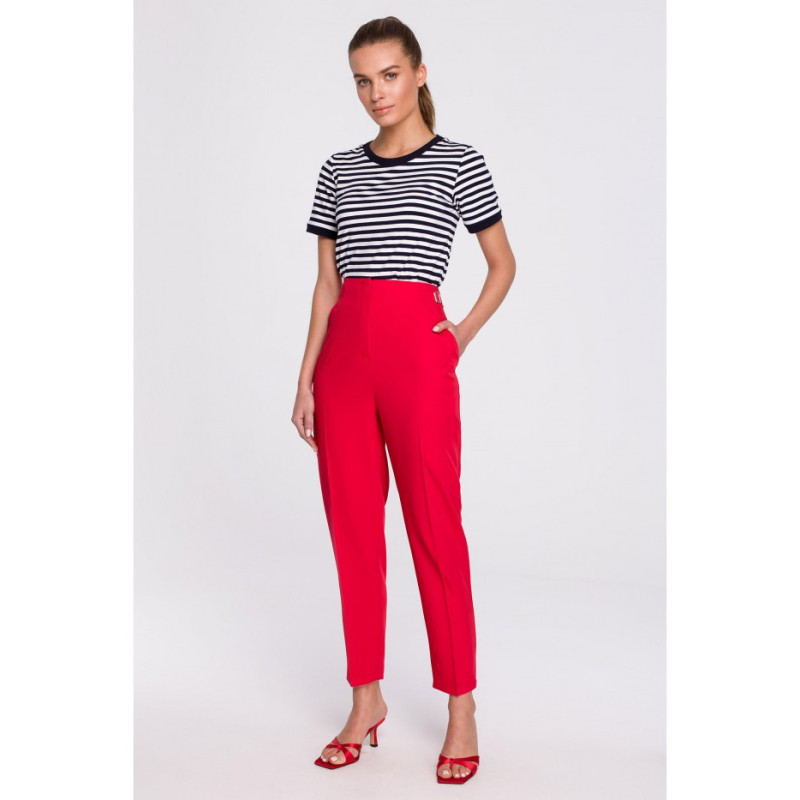 S296 High-waisted pants with buckles - red