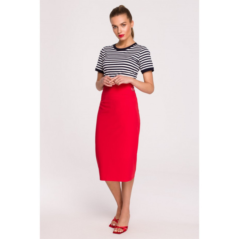 S297 Pencil skirt with high waist and buckles - red