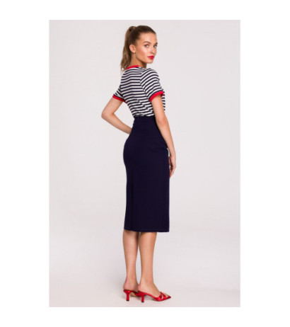 S297 Pencil skirt with high waist and buckles - navy blue