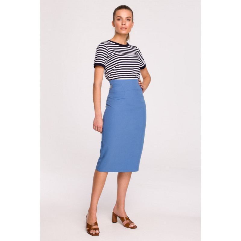 S297 Pencil skirt with high waist and buckles - blue