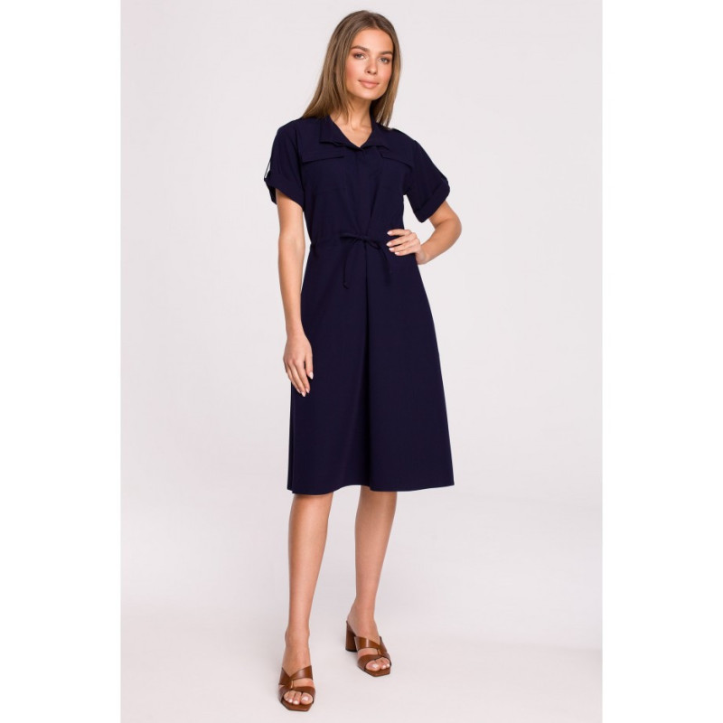 S298 Dress with pockets and binding - navy blue