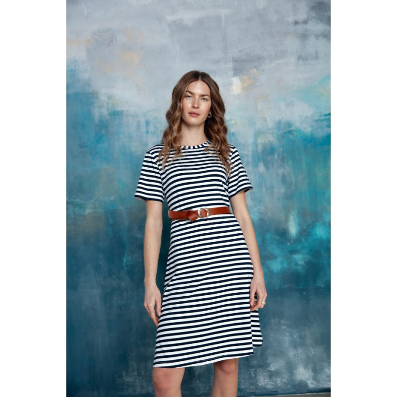 S306 Navy striped dress with belt - model 1