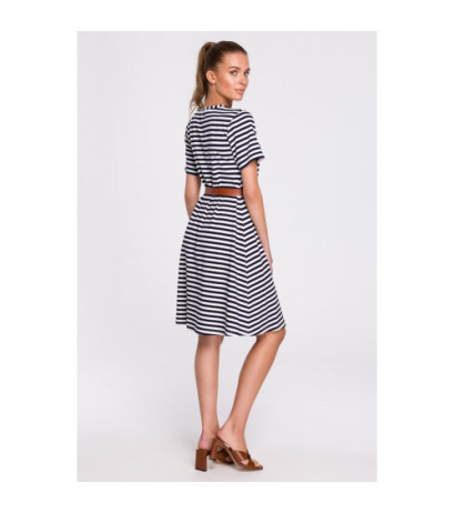 S306 Navy striped dress with belt - model 1