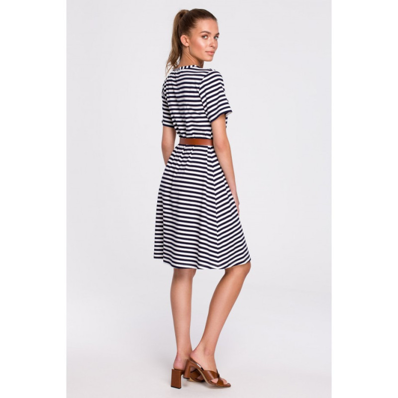 S306 Navy striped dress with belt - model 1