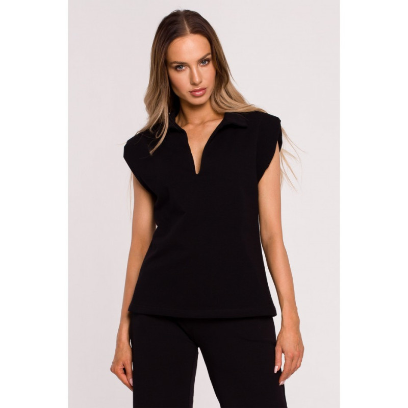 M682 Sleeveless blouse with V neckline and collar - black