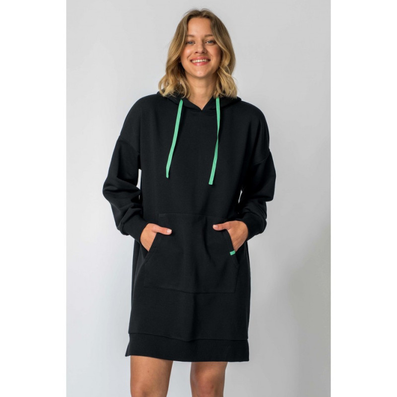 LA113 Dress with hood and kangaroo pocket - black