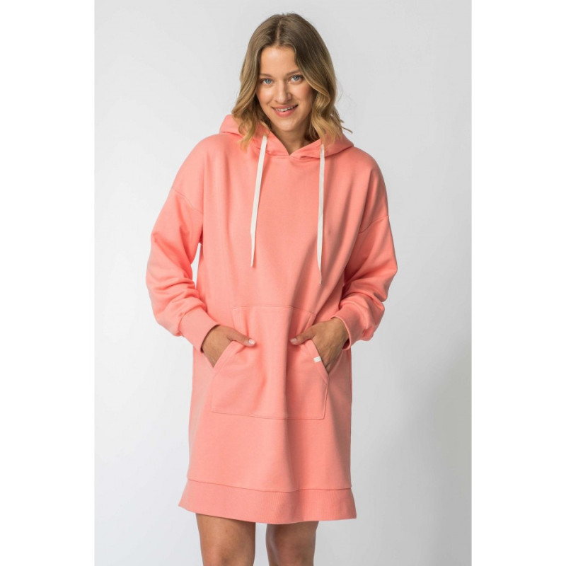 LA113 Hooded dress with kangaroo pocket - coral