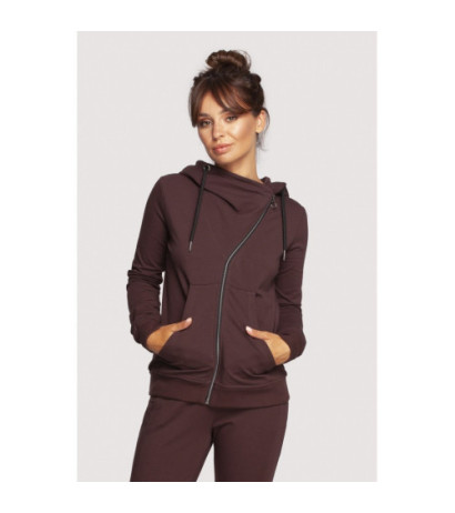 B237 Sweatshirt with diagonal zipper and hood - brown