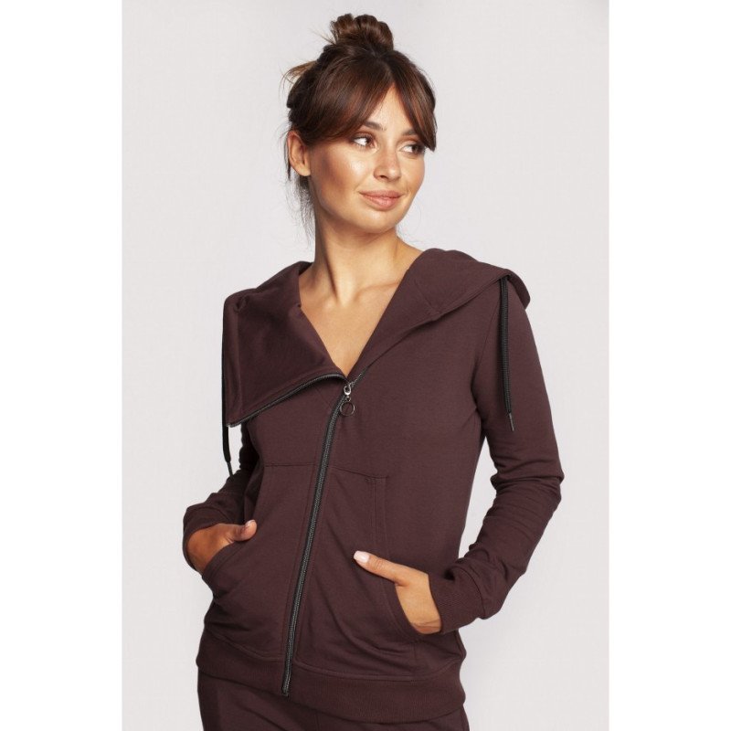 B237 Sweatshirt with diagonal zipper and hood - brown