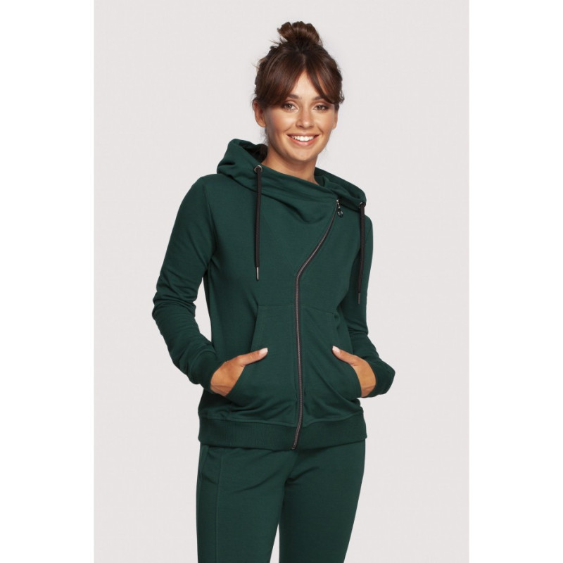 B237 Sweatshirt with diagonal zipper and hood - dark green