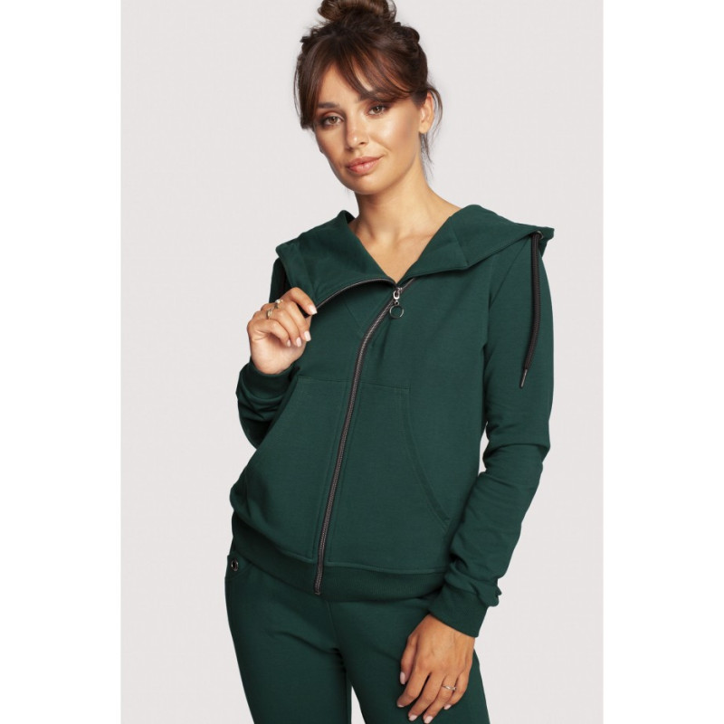 B237 Sweatshirt with diagonal zipper and hood - dark green