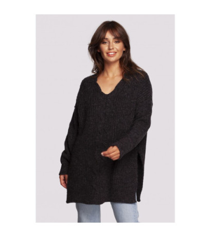 BK087 Long sweater with neckline and side slits - anthracite