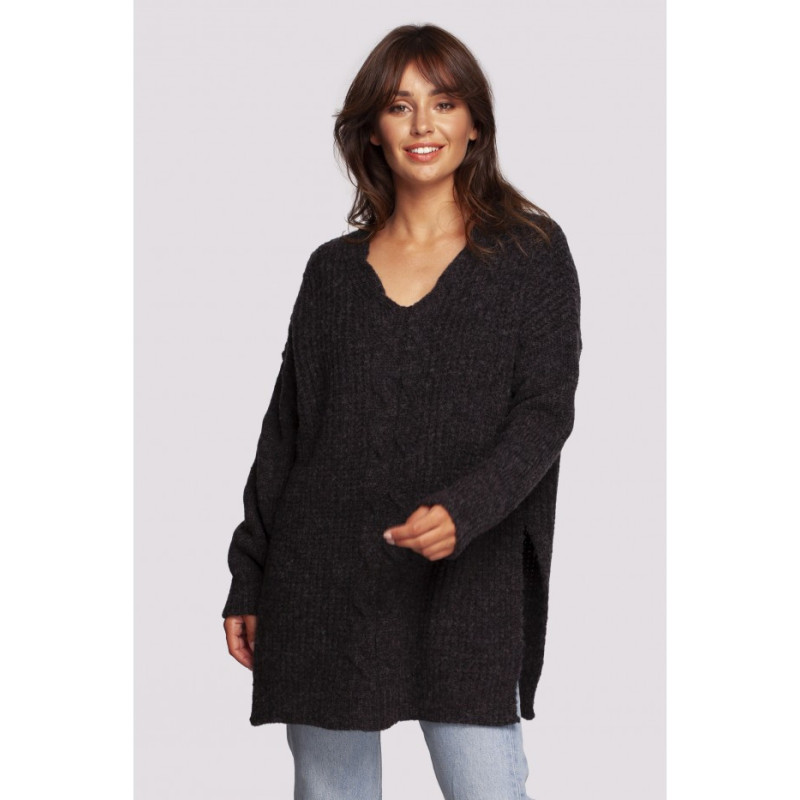 BK087 Long sweater with neckline and side slits - anthracite