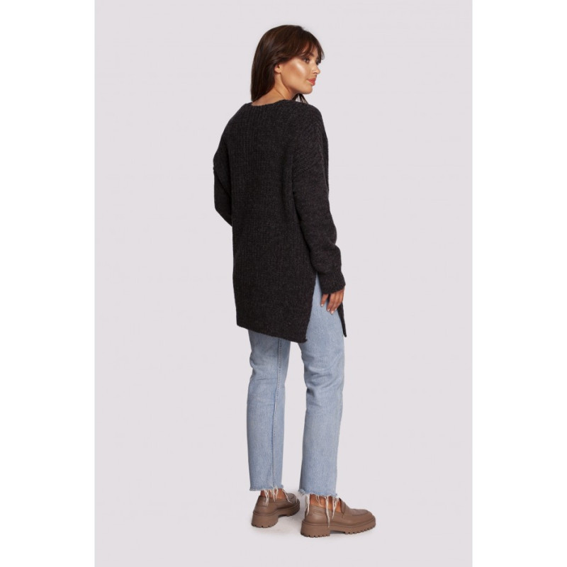 BK087 Long sweater with neckline and side slits - anthracite