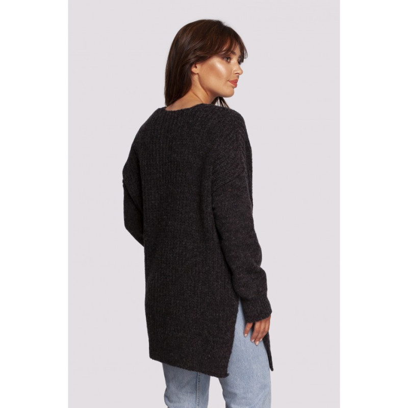 BK087 Long sweater with neckline and side slits - anthracite