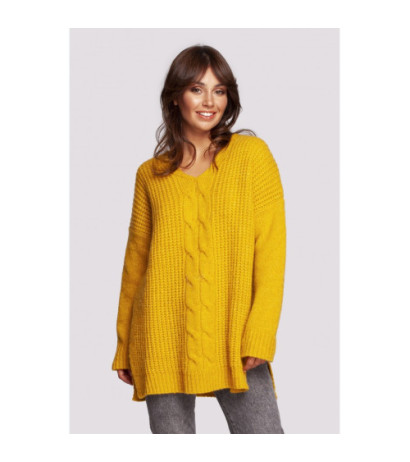 BK087 Long sweater with neckline and side slits - honey