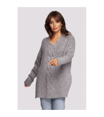 BK087 Long sweater with neckline and side slits - gray