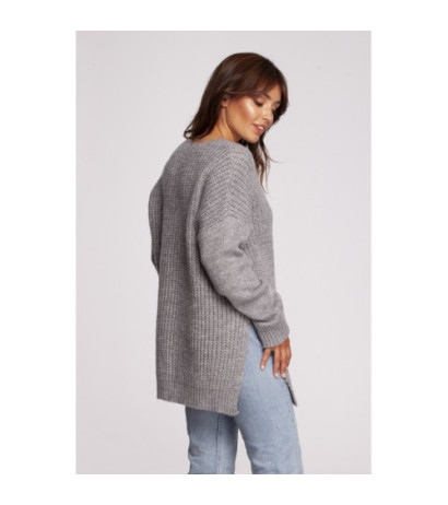 BK087 Long sweater with neckline and side slits - gray