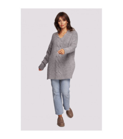 BK087 Long sweater with neckline and side slits - gray