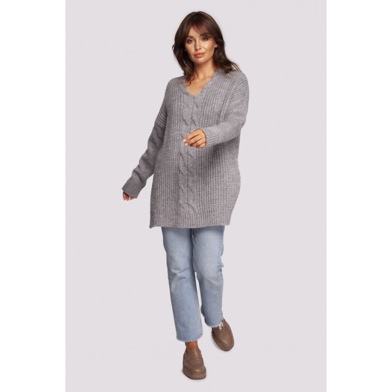 BK087 Long sweater with neckline and side slits - gray