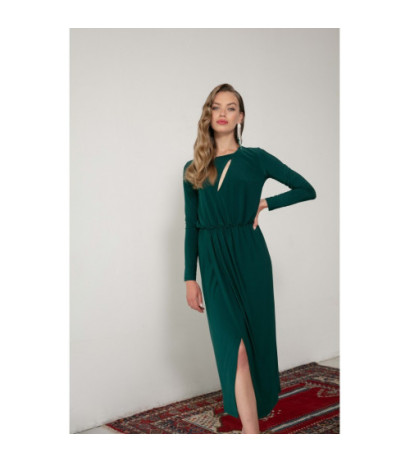 K139 Long dress with slit in the neckline - bottle green