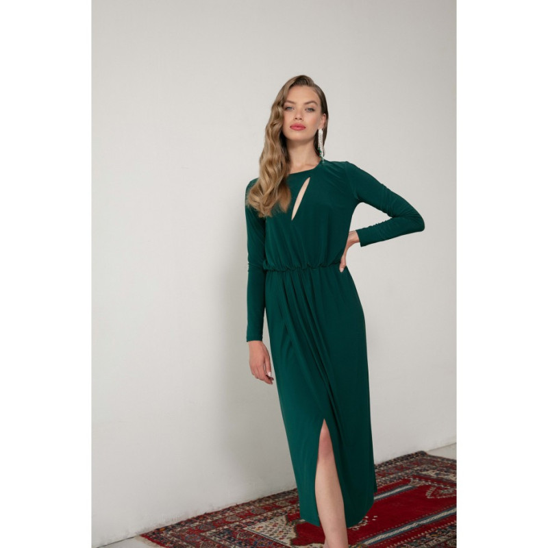 K139 Long dress with slit in the neckline - bottle green