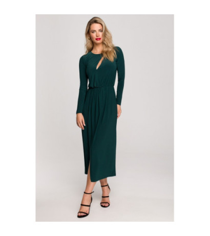 K139 Long dress with slit in the neckline - bottle green