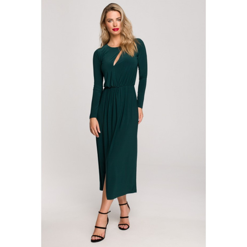 K139 Long dress with slit in the neckline - bottle green