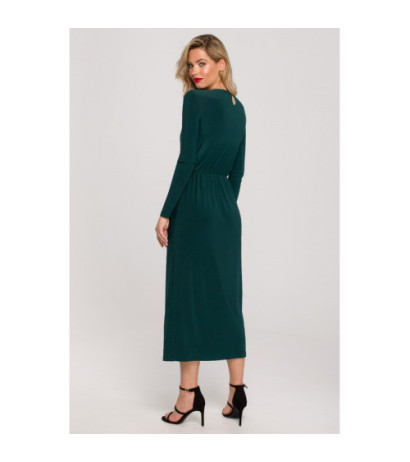 K139 Long dress with slit in the neckline - bottle green