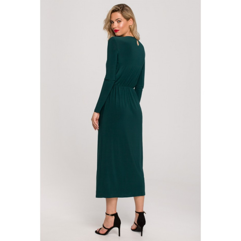 K139 Long dress with slit in the neckline - bottle green