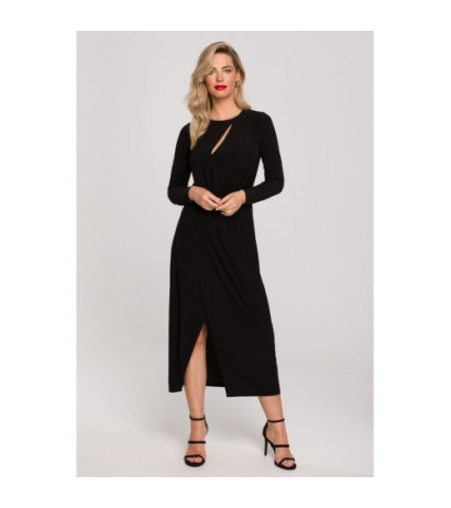 K139 Long dress with slit in the neckline - black