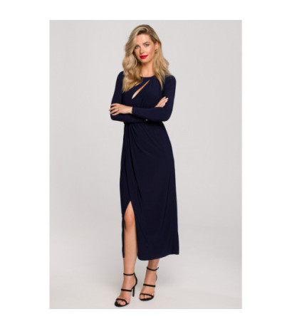 K139 Long dress with slit in the neckline - navy blue