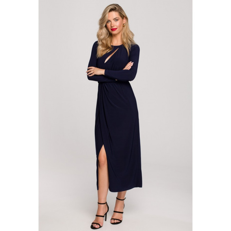 K139 Long dress with slit in the neckline - navy blue