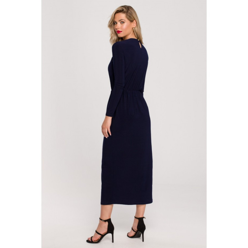 K139 Long dress with slit in the neckline - navy blue