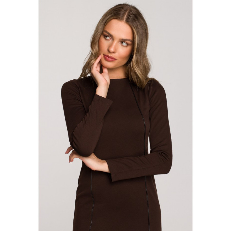 S314 Pencil dress with leather piping - brown